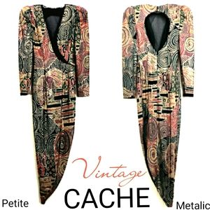 Vintage Cache Metalic Asymmetrical Illusion Plunge Neck Metalic Beaded Maxidress